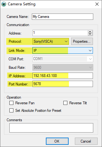 Camera Setting over TCP/IP