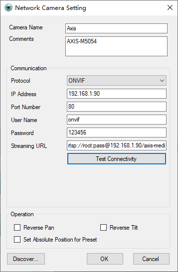 PTZ Controller - Network Camera Setting -AXIS Setting