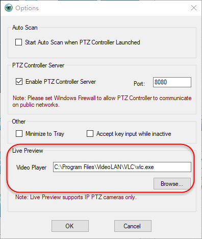 PTZ Controller - Options - Live Preview